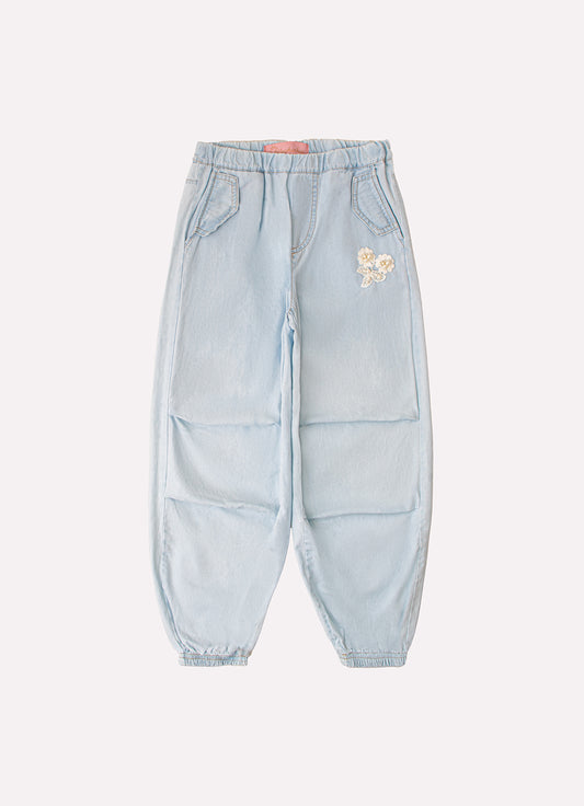 Calça Jeans Fino Guipir Bordado Couture