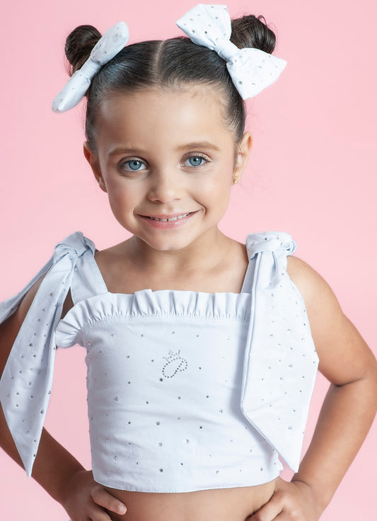 Blusa Croppd Tricoline Laços Ombros Cristal