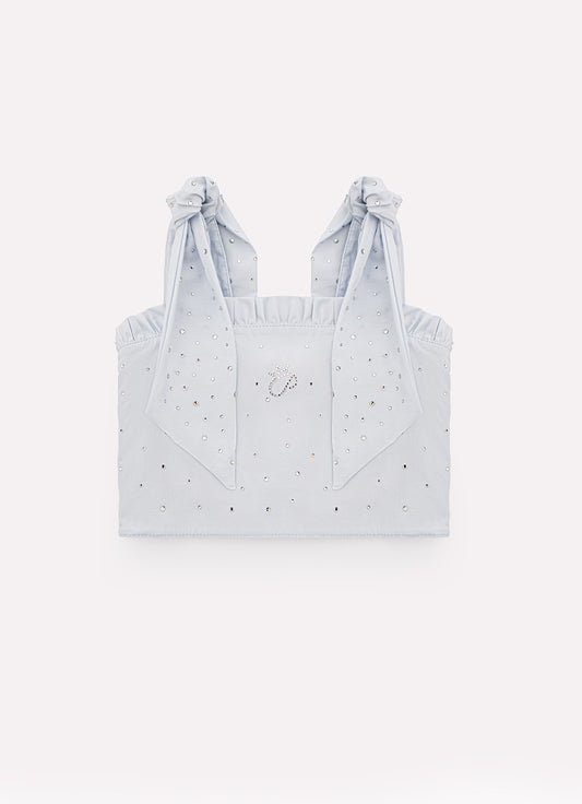 Blusa Croppd Tricoline Laços Ombros Cristal