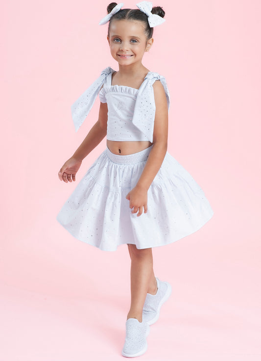 Saia Short Tricoline Babado Cristais