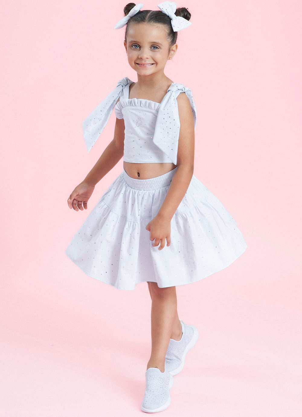 Saia Short Tricoline Babado Cristais