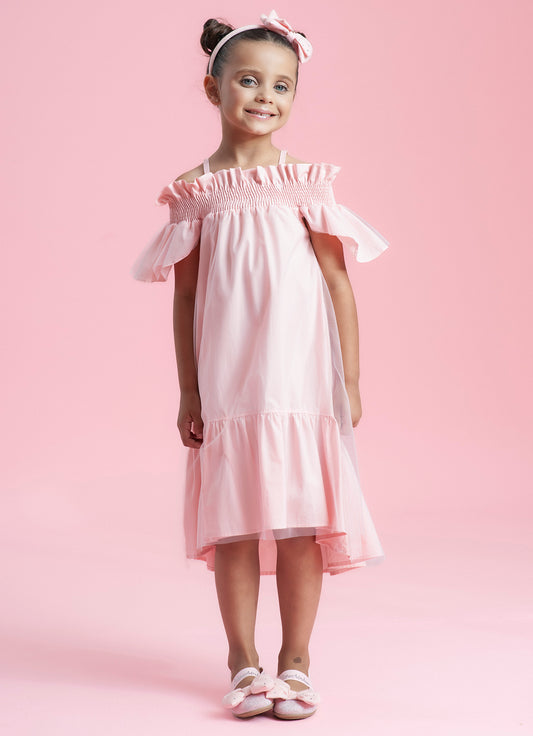 Vestido Tricoline Ombro a Ombro Tule