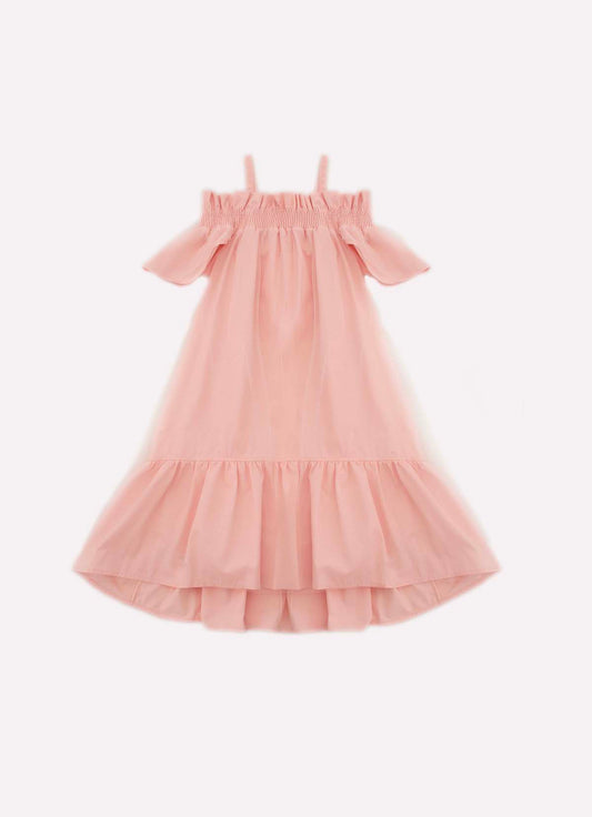 Vestido Tricoline Ombro a Ombro Tule