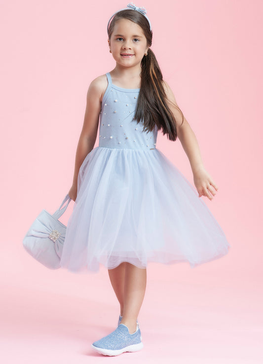 Vestido Alça Ribana Bordados Saia Tule