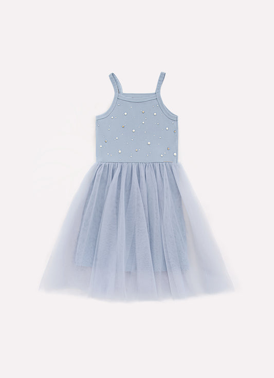 Vestido Alça Ribana Bordados Saia Tule