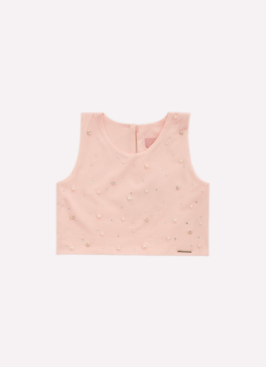 Blusa Cropped Cotton Cristais e  Bordado