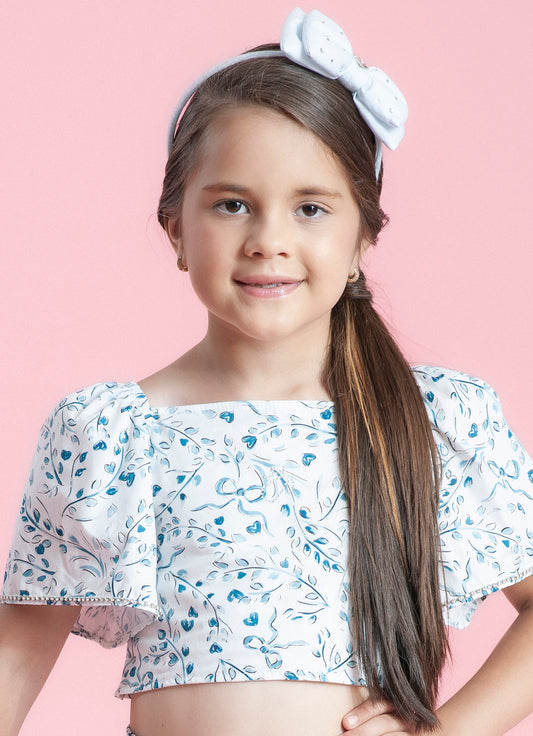 Blusa Cropped Algodão Estampado Folhas Azuis Cristais