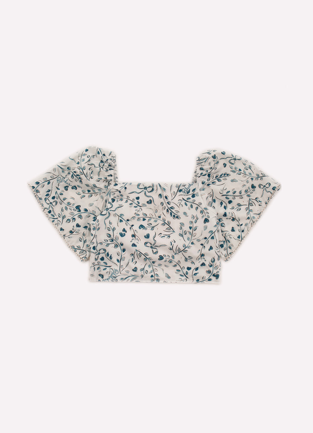 Blusa Cropped Algodão Estampado Folhas Azuis Cristais