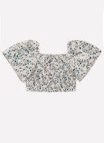 Blusa Cropped Algodão Estampado Folhas Azuis Cristais