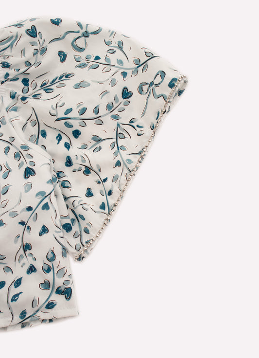 Blusa Cropped Algodão Estampado Folhas Azuis Cristais