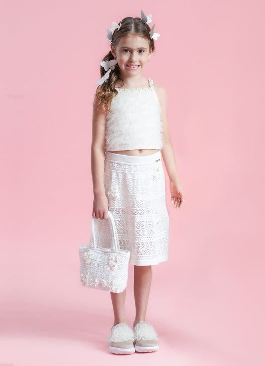 Saia Short Tricot Rendada Guipir Bordado Couture