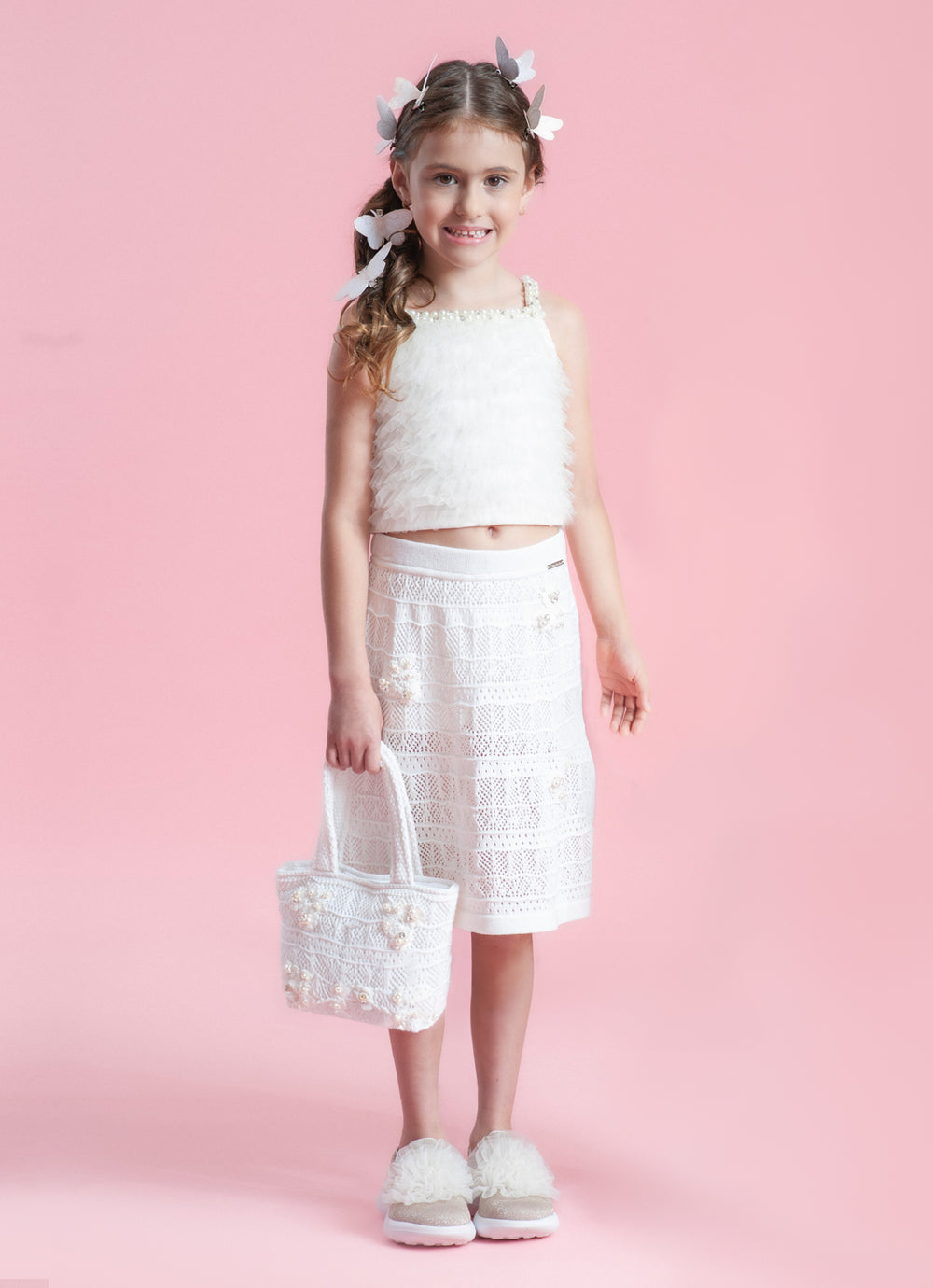 Saia Short Tricot Rendada Guipir Bordado Couture
