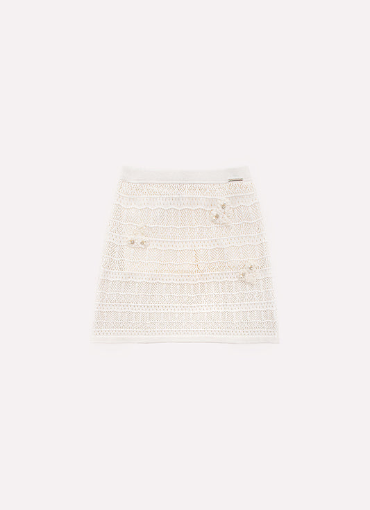 Saia Short Tricot Rendada Guipir Bordado Couture