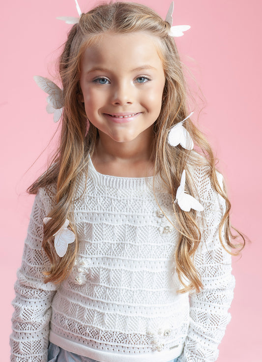Blusa Tricot Manga Longa Rendada Guipir Bordado Couture