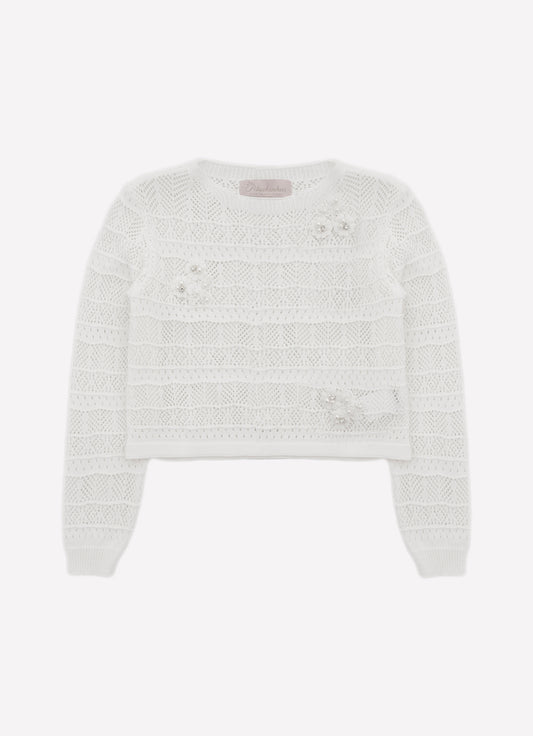 Blusa Tricot Manga Longa Rendada Guipir Bordado Couture