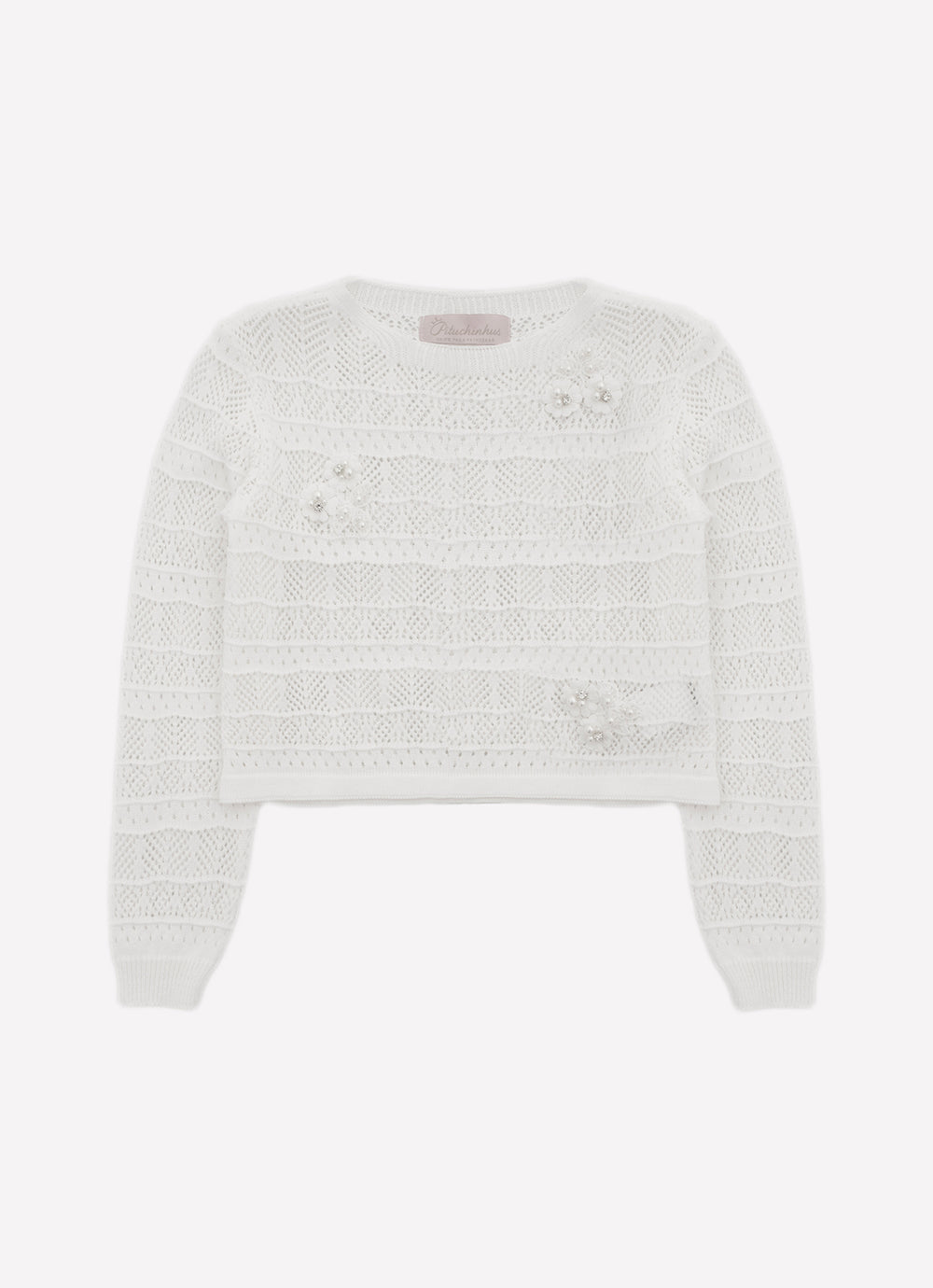 Blusa Tricot Manga Longa Rendada Guipir Bordado Couture