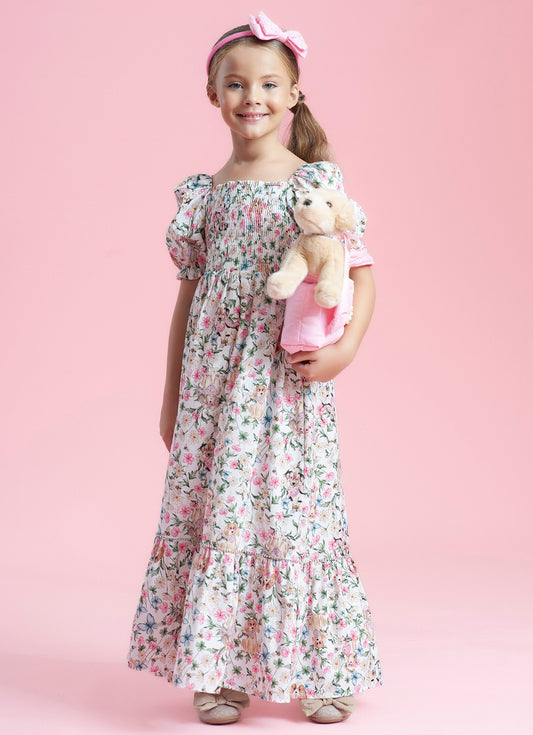 Vestido Longo Algodão Estampado Cachorros e Flores