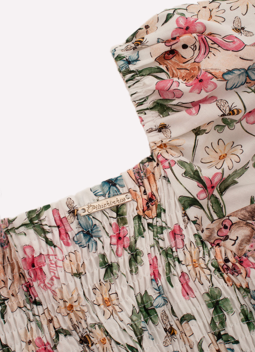 Vestido Longo Algodão Estampado Cachorros e Flores