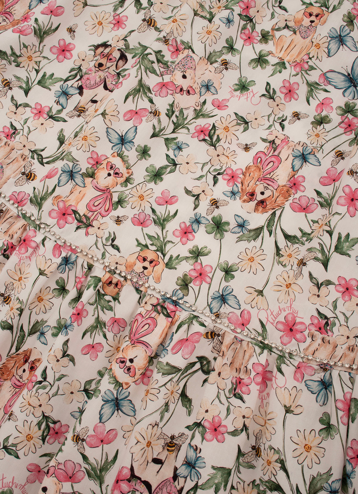 Vestido Longo Algodão Estampado Cachorros e Flores
