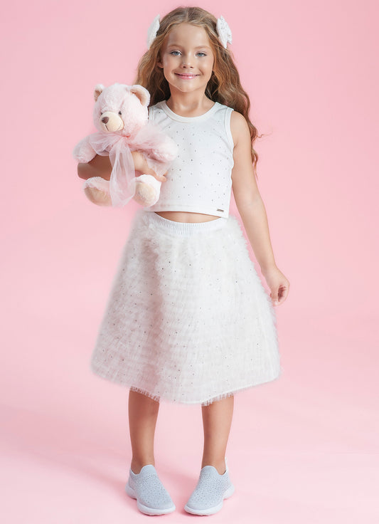 Saia Short Midi Frufru Tule Cristais Couture