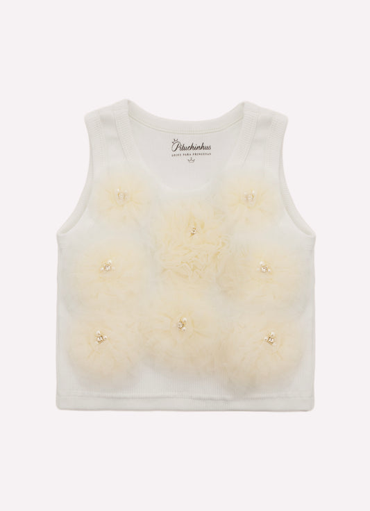 Blusa Cropped Ribana Maxi Flores Tule Bordados Couture