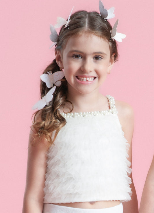 Blusa Cropped Ribana Frufru Tule Bordados Couture
