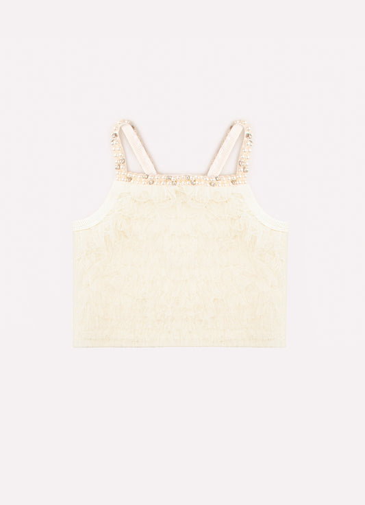 Blusa Cropped Ribana Frufru Tule Bordados Couture