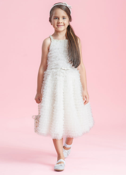Vestido Alça Babadinhos Tule Bordado Com Cinto Couture