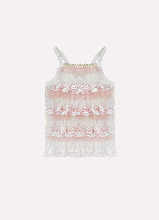 Blusa Alça Ribana Babados Renda e Tule Bordado Couture