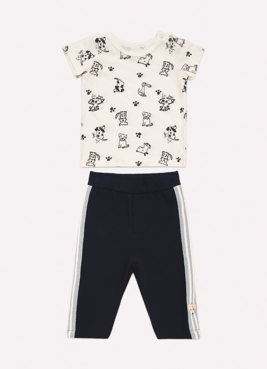 Conjunto Blusa Pima Cachorrinhos Calça Malha Listra Lateral