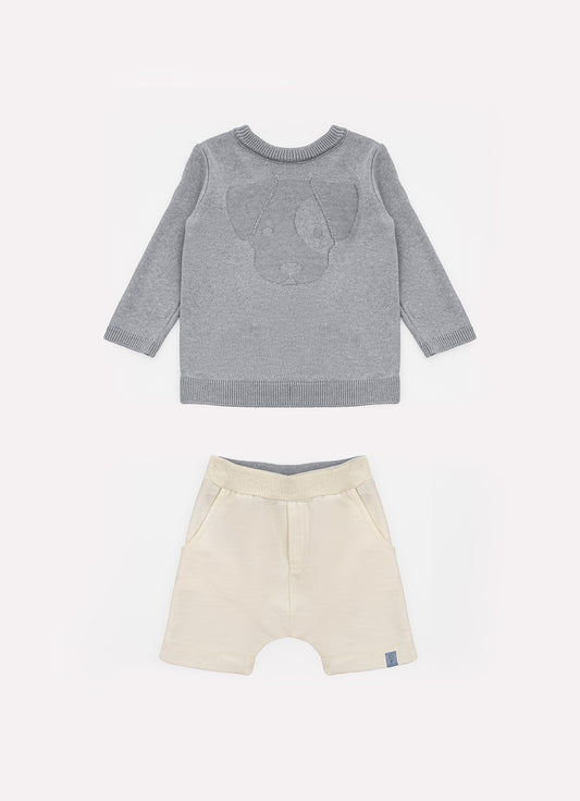 Conjunto Blusa Tricot Linx Cachorro e Bermuda Moletom Rosto
