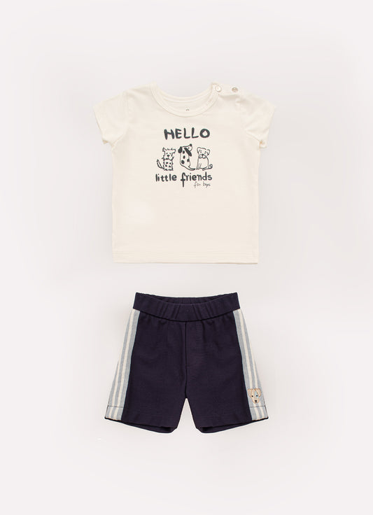 Conjunto Blusa Cotton Pima Hello e Bermuda Malha Listra Lateral