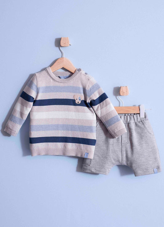Conjunto Blusa Tricot Listrada e Bermuda Moletom Bolsos