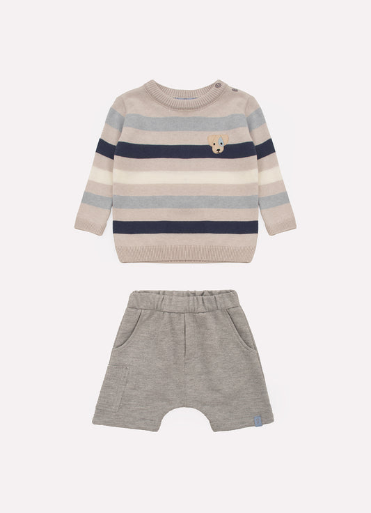 Conjunto Blusa Tricot Listrada e Bermuda Moletom Bolsos