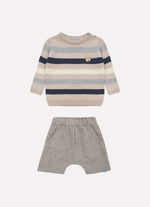 Conjunto Blusa Tricot Listrada e Bermuda Moletom Bolsos