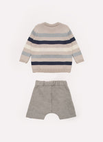 Conjunto Blusa Tricot Listrada e Bermuda Moletom Bolsos