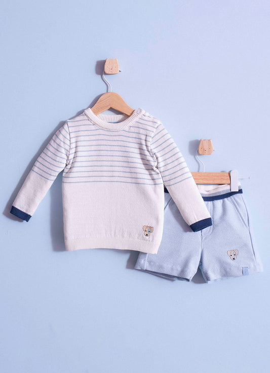 Conjunto Blusa Tricot Listrinhas e Bermuda Moletom Sarjada