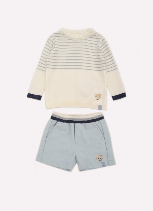 Conjunto Blusa Tricot Listrinhas e Bermuda Moletom Sarjada