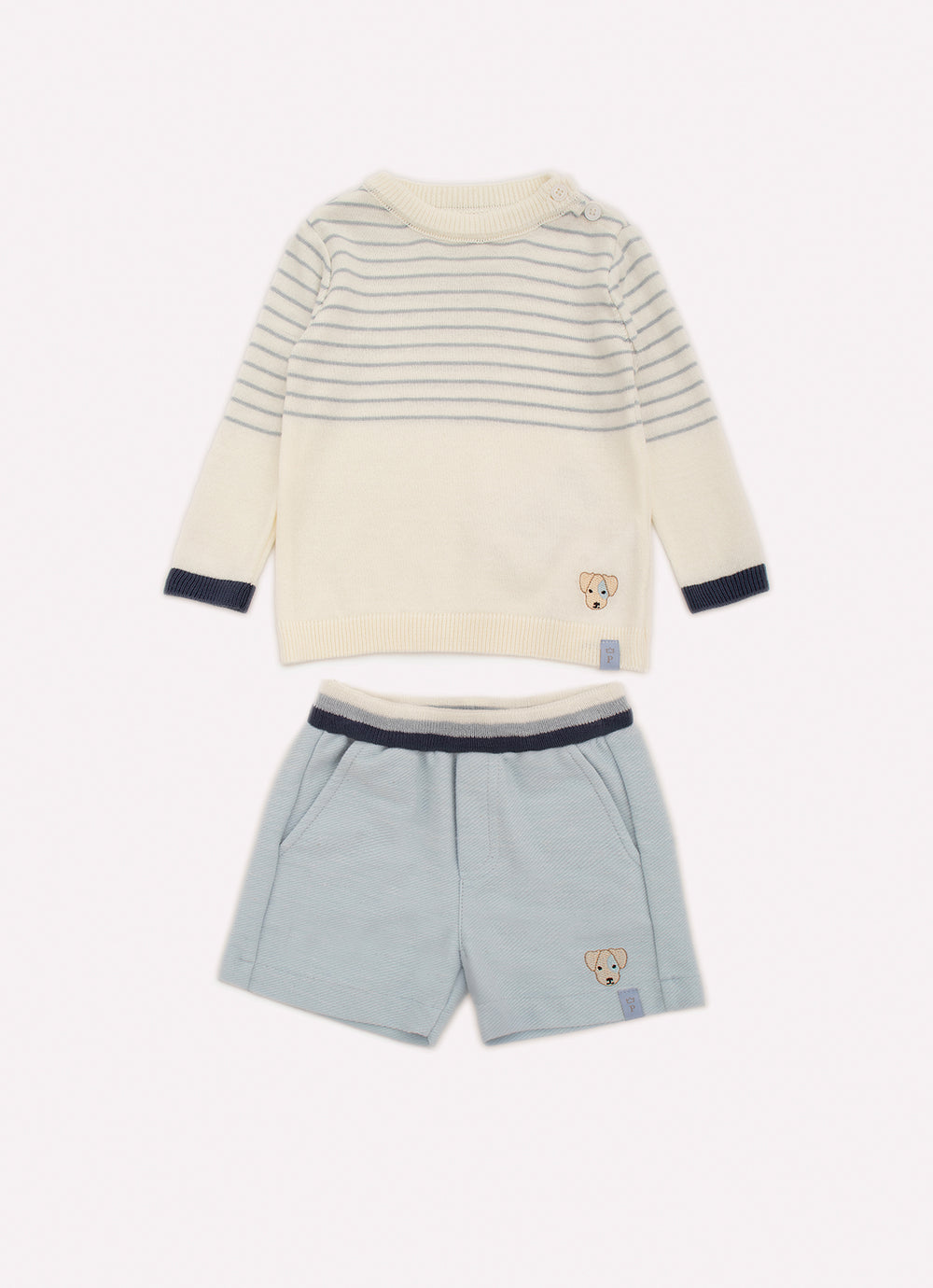 Conjunto Blusa Tricot Listrinhas e Bermuda Moletom Sarjada
