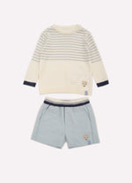 Conjunto Blusa Tricot Listrinhas e Bermuda Moletom Sarjada