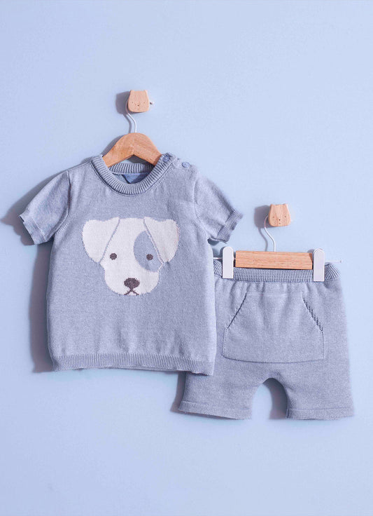 Conjunto Tricot Blusa Cachorrinho Manga Curta e Bermuda Canguru