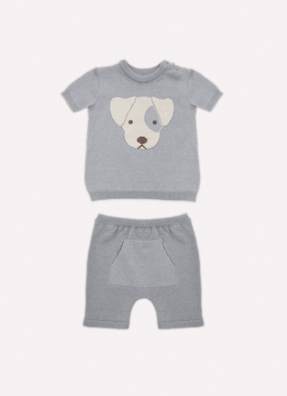 Conjunto Tricot Blusa Cachorrinho Manga Curta e Bermuda Canguru