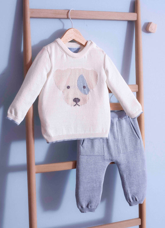 Conjunto Tricot Blusa Rosto Cachorrinho e Calça Bolsos