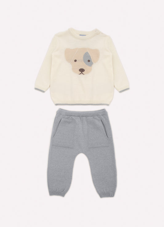 Conjunto Tricot Blusa Rosto Cachorrinho e Calça Bolsos