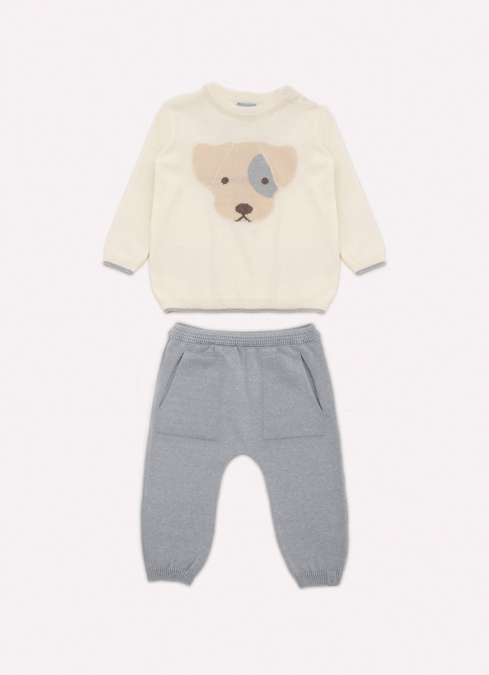 Conjunto Tricot Blusa Rosto Cachorrinho e Calça Bolsos