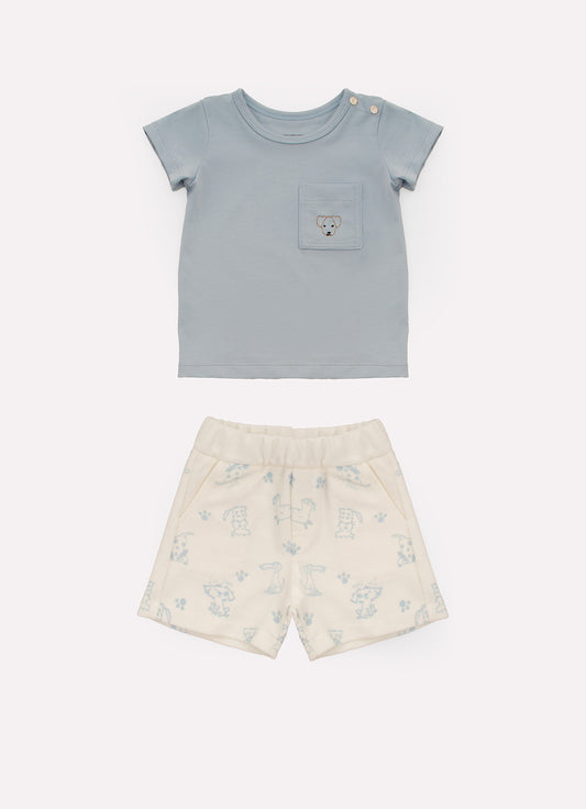 Conjunto Blusa Cotton Pima Bolso e Bermuda Moletom Cachorrinhos