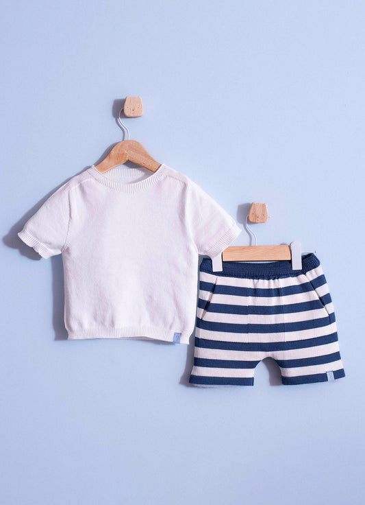 Conjunto blusa Tricot Sem Costura e Bermuda Tricot Listrada