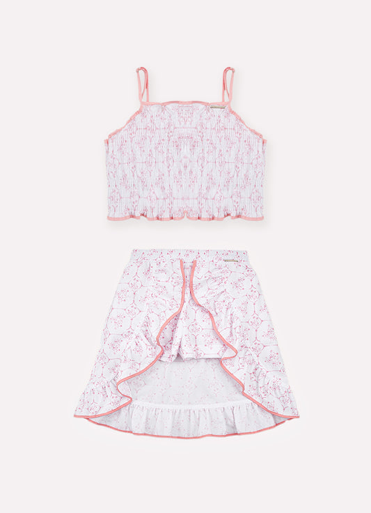 Conjunto Algodão Estampa Toil Cropped e Saia Mullet Resort