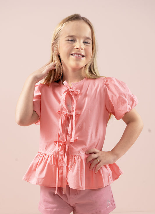 Blusa Bata Tricoline Babado e Laços