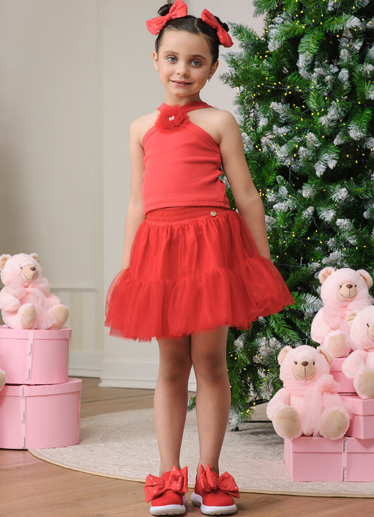 Conjunto Cropped Ribana Flor e Saia Babado Natal